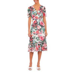 London Times Size 12 Petite Floral Short Puff Sleeve V Neck Midi Dress Ruffle